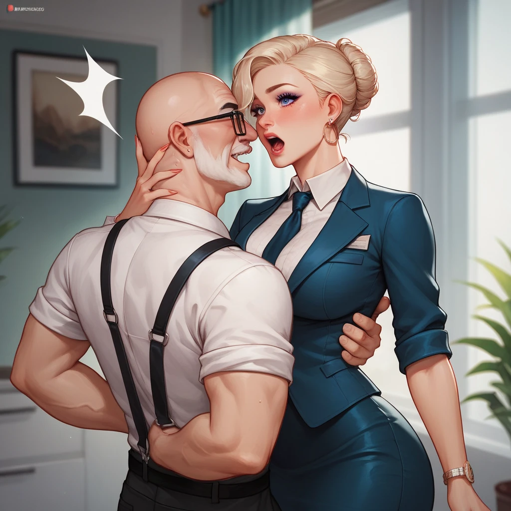 (hairy, naughty old man, with formal clothes and presidential sash, 90 years old, bearded), (Holding her from behind and talking in her ear), other men catching her with her ass stuck out, holding her on their lap, black mini skirt and low-cut shirt , 40k, photography, masterpiece, best quality, dark gray background, (1 girl blue eyes and blonde curly hair), big ass, full breasts until expected to wear, (sexy mini skirt), (open white shirt: 1.3) , elderly man leaning against her from behind, picking her up, different butt poses.