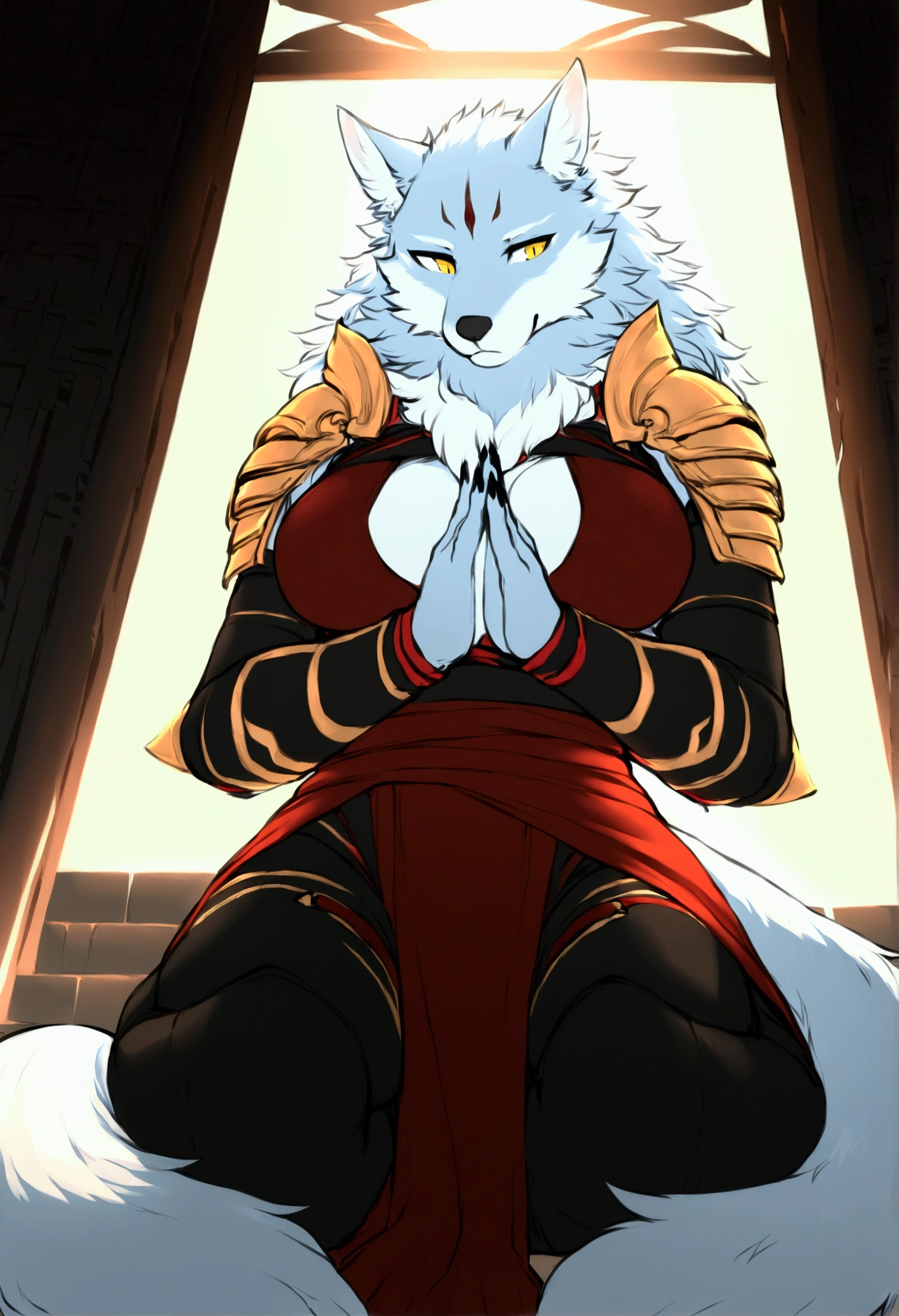 (top quality, best quality, Iriedono, High-quality illustrations, masterpiece, perfect artwork, cinematic light and shading, 16k, 1080p, uploaded on e621)(kemono, furry, anthro, alone), 1 larger female, (very detailed body, face, tail, arms, hands, legs, head and eyes), wolf, Law, (Sdorica), big breasts, fur, fluffy, wolf ears, wolf fluffy tail, perfect eyes, yellow eyes, black pupils, beautiful fighter master one-piece bodysuit, beautiful master fighter armor, beautiful temple, body movement, body twitching, jiggle physics, meditating