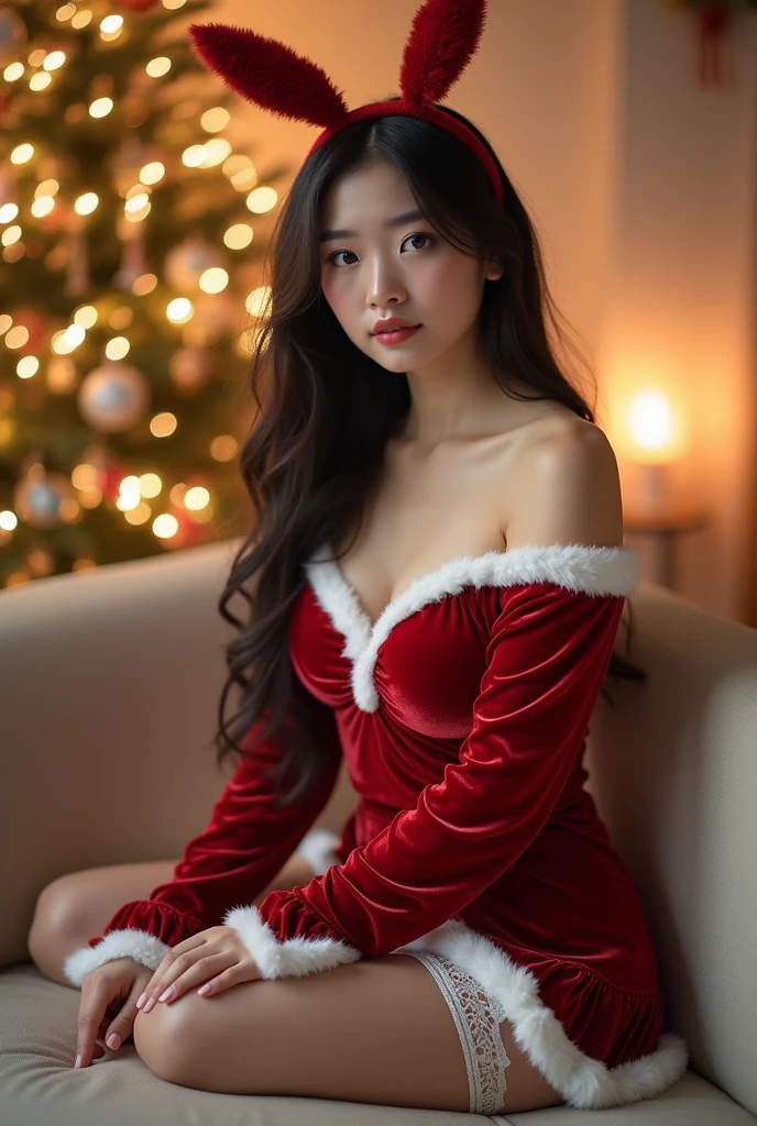 A woman in sexy costume poses in front of a Christmas tree, breast enhancement,reality,offcial art,8K quality,Super detail,fine detail skin,Movie Angle,cinematic textures,Masterpiece,Best picture quality,1 girl,Zhu lips,Messy hair,pantyshot,underbust,1girll,Whole body,White_Stockings,Lace,Long hair,upper legs,Lace,White stockings,Wear a red velvet jacket , A girl in a red velvet jacket stands in the snow,Velvet set,There is a tall Christmas tree next to the girl,,The girl has antlers on her head, Christmas evening, christmas dress,Santa Claus set,Korean girl, 4k post, a wide full shot,