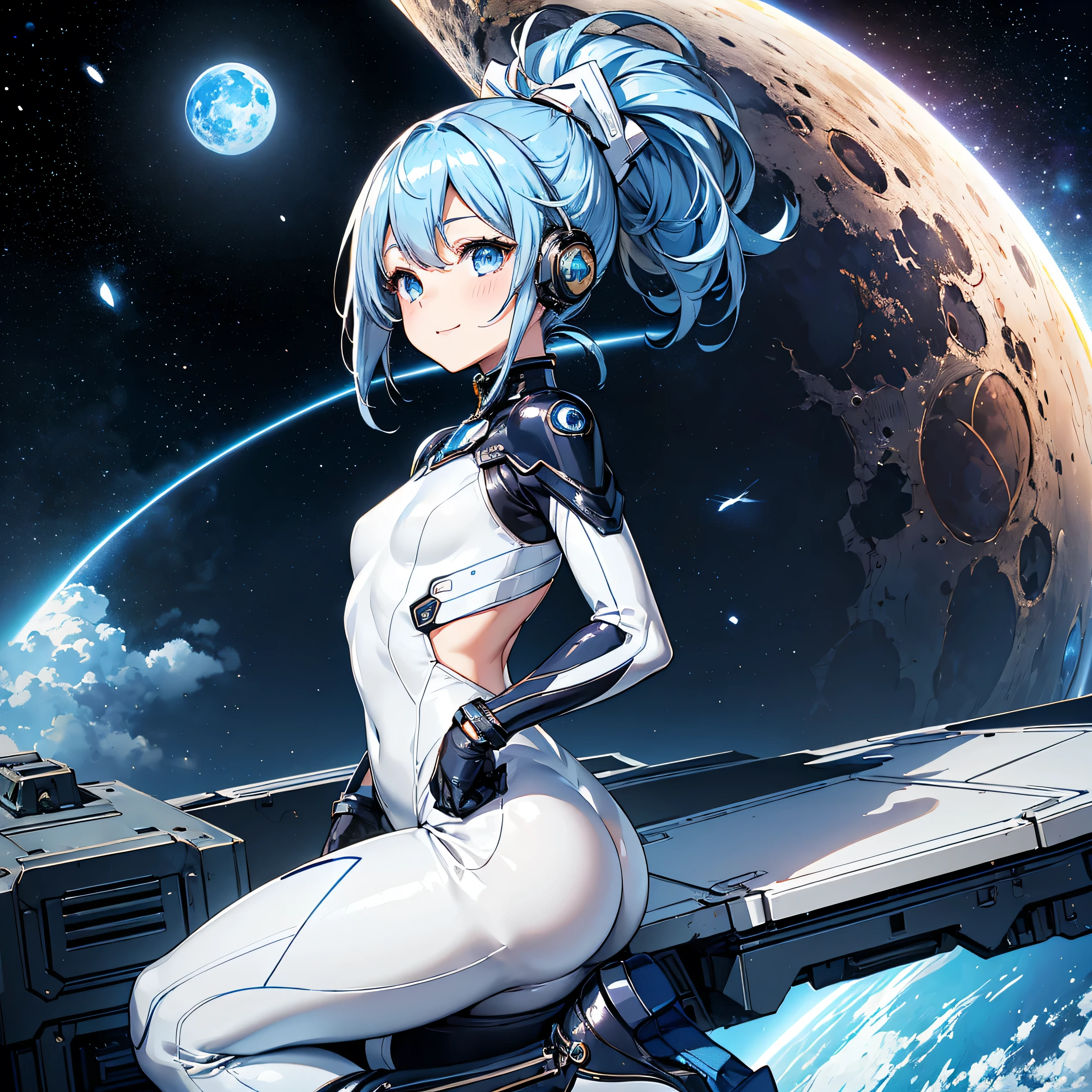 (masterpiece、 top quality 、 Highest Resolution 、 clear_image、 Detailed Details): (Whole body、A 20 year old girl、Japanese Faces、 small face、 slender、Navy blue high knot ponytail、、(Hidden small breasts:1.3)、Sparkling blue eyes 、 white, blue, and black shiny pilot suit、Chest protection armor、Tight fitting clothes、Clothing that covers the whole body、Glamorous clothes、 tight fit pants 、Hide your skin、 very delicate and beautiful、Detailed Skin、Hide your thighs、Hide your ass、 cute、A gentle smile、 soft expression、heroine、 headset、 long boots、Elbow-length gloves、 eye level shot、Peace talks between warring factions,attention arousal, Clever Blue Eyes,Face directly、 woman on a spaceship )、 background、Moon in the background、shiny pilot suit in white, blue and black colors with galaxy clouds on the background 、Meteor Shower、Meteor Shower、Saturn、Neptune、comet