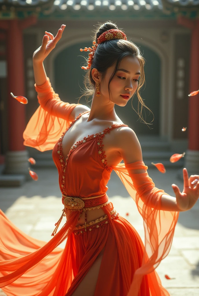 a martial arts fighter in a colorful  outfit, wearing a fancy dress, dancing at a , elegant movement, beautiful detailed eyes, beautiful detailed lips, extremely detailed face, long eyelashes, detailed jewelry, glowing skin, intricate  decorations, festive lighting, (best quality,4k,8k,highres,masterpiece:1.2),ultra-detailed,(realistic,photorealistic,photo-realistic:1.37),vibrant colors,dynamic pose,dramatic lighting,portrait