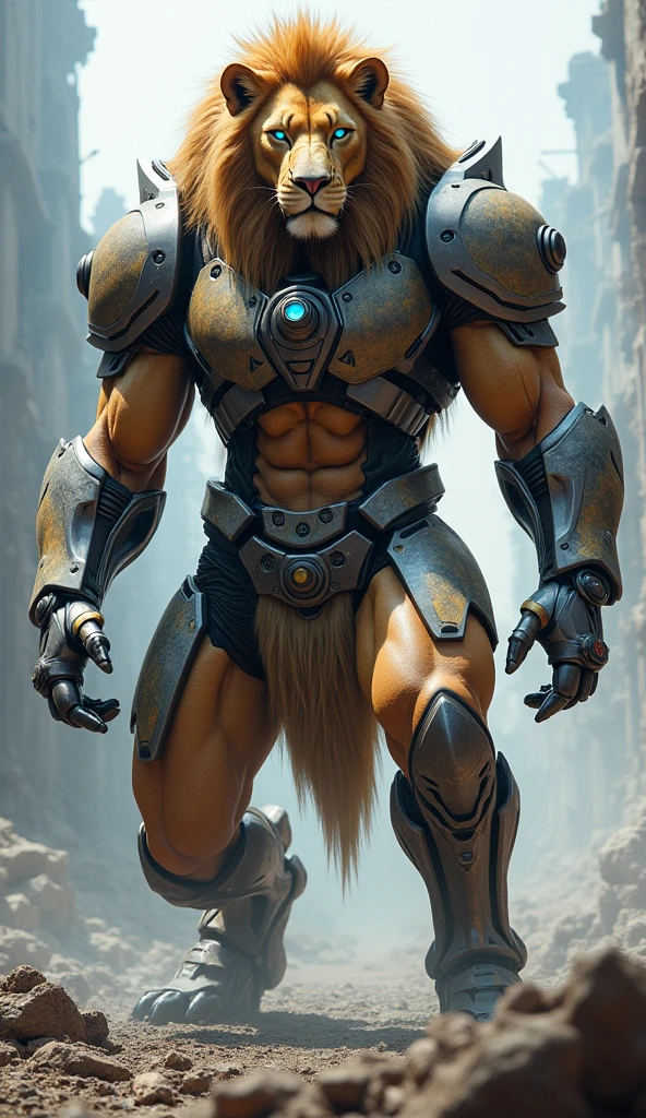 a close-up of a man with horned head and blue shorts, muscular, muscular and scary lion, brown blue, muscular, elbow pads, arm bands, topless male, red and white tight pants, underground fight club, standing, smile, (insanely detailed, beautiful detailed face, masterpiece, best quality) solo, beard, school, playground, muscles, facial hair, volumetric lighting, depth of field, wheezing, raised crotch, handsome action, big dynami