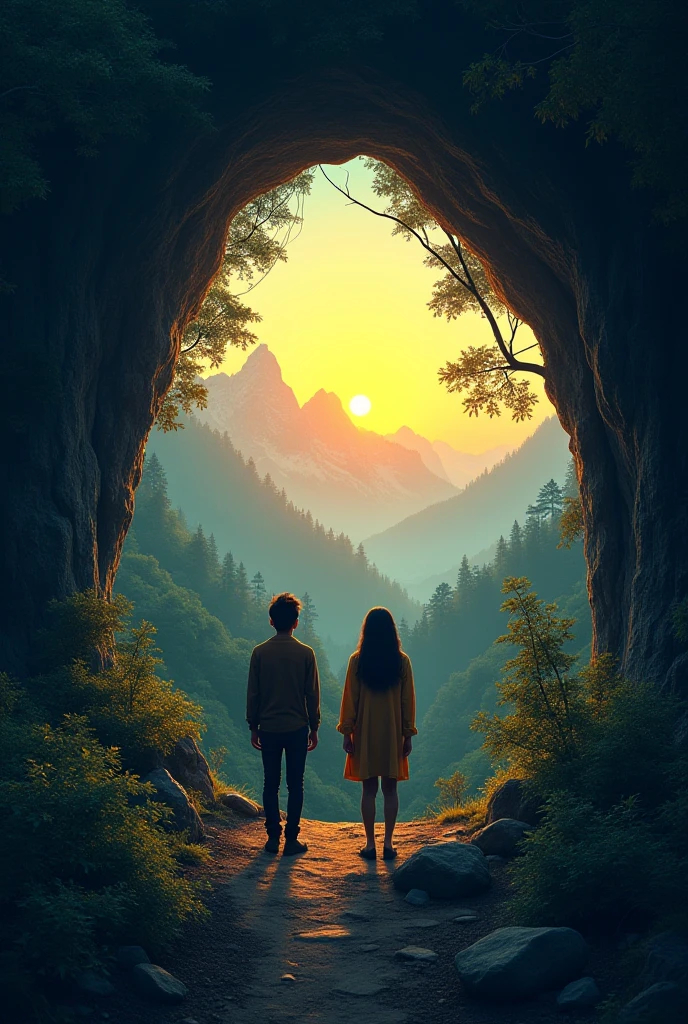Style dessin
Journée ensoleillée,
Un homme et une femme aux cheveux longs, d'une vingtaine d'années se trouvant au millieu d'une clairière entourée d'arbres, de dos se tenant par la main, en tenue post apocalyptique traversent ensemble un vortex interdimensionnel circulaire de leur taille, à la circonférence crépitante teinté de mauve situé à quelques mètres d'eux, au travers duquel on aperçoit une vallée luxuriante

