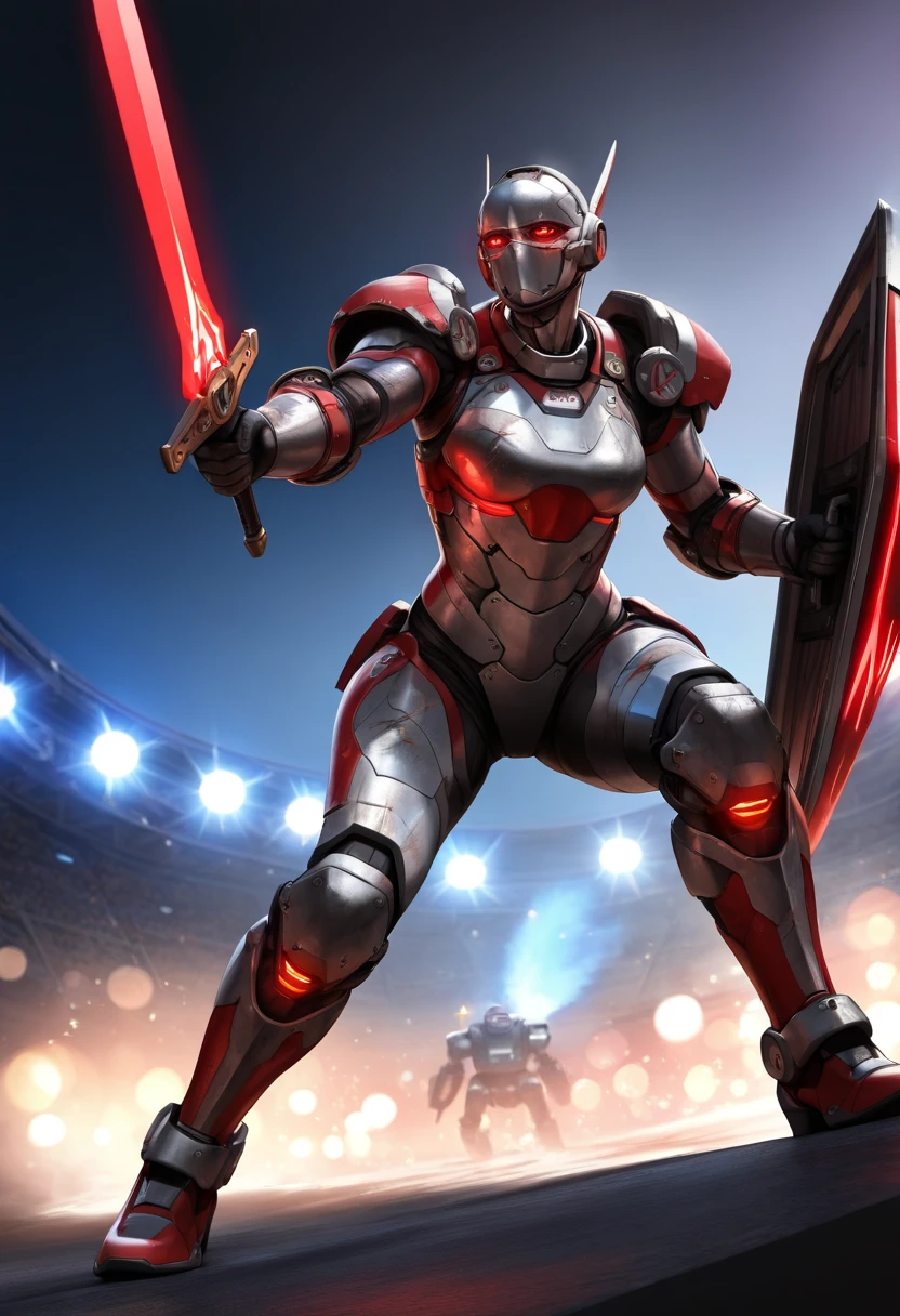 (best quality,4k,8k,highres,masterpiece:1.2),ultra-detailed,(realistic,photorealistic,photo-realistic:1.37),robot gladiator,futuristic arena,mechanical body,metallic armor,red glowing eyes,strong and muscular,holding a plasma sword,defensive shield,electronic circuits,scars and battle damage,action pose,ready for combat,sci-fi,neon lights,blue and red tones,sharp focus,physically-based rendering,extreme detail description,professional,vivid colors,bokeh