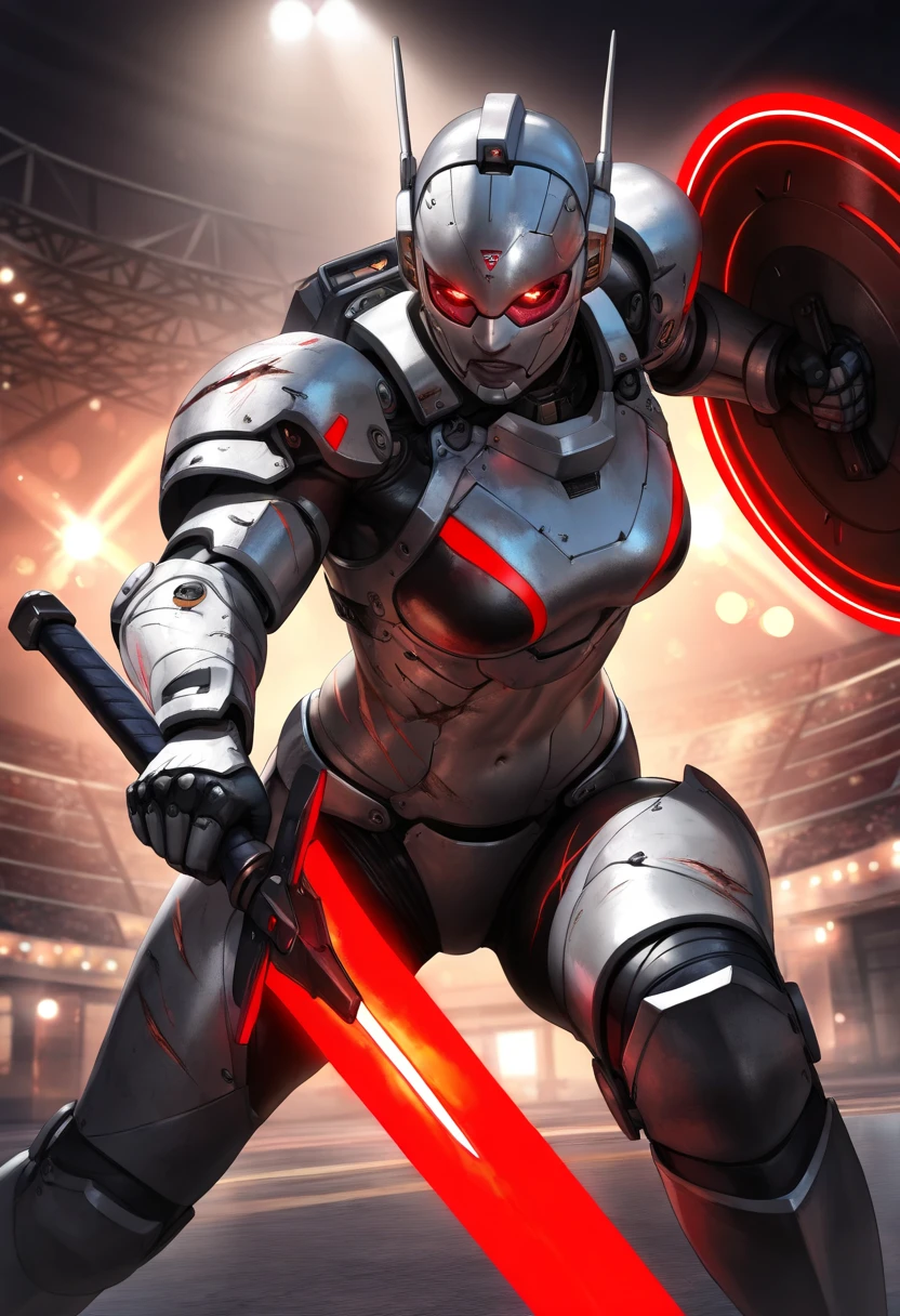 (best quality,4k,8k,highres,masterpiece:1.2),ultra-detailed,(realistic,photorealistic,photo-realistic:1.37),robot gladiator,futuristic arena,mechanical body,metallic armor,red glowing eyes,strong and muscular,holding a plasma sword,defensive shield,electronic circuits,scars and battle damage,action pose,ready for combat,sci-fi,neon lights,blue and red tones,sharp focus,physically-based rendering,extreme detail description,professional,vivid colors,bokeh