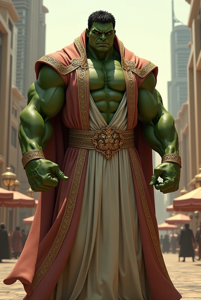 Create an image of Red hulk wearing a traditional Muslim suit. The suit should be a blend of classic hulk and the elegant, flowing style of traditional Muslim attire. Ensure the color palette combines the classic green and gold of Hulk's suit with the rich, deep colors often seen in Muslim garments. With Palestine in background"