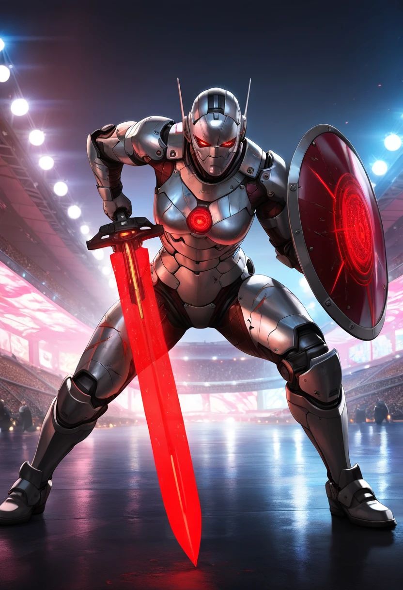 (best quality,4k,8k,highres,masterpiece:1.2),ultra-detailed,(realistic,photorealistic,photo-realistic:1.37),robot gladiator,futuristic arena,mechanical body,metallic armor,red glowing eyes,strong and muscular,holding a plasma sword,defensive shield,electronic circuits,scars and battle damage,action pose,ready for combat,sci-fi,neon lights,blue and red tones,sharp focus,physically-based rendering,extreme detail description,professional,vivid colors,bokeh