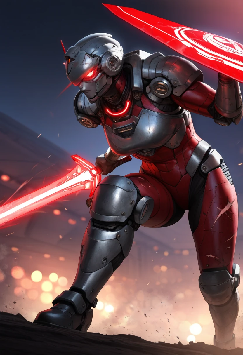 (best quality,4k,8k,highres,masterpiece:1.2),ultra-detailed,(realistic,photorealistic,photo-realistic:1.37),robot gladiator,futuristic arena,mechanical body,metallic armor,red glowing eyes,strong and muscular,holding a plasma sword,defensive shield,electronic circuits,scars and battle damage,action pose,ready for combat,sci-fi,neon lights,blue and red tones,sharp focus,physically-based rendering,extreme detail description,professional,vivid colors,bokeh