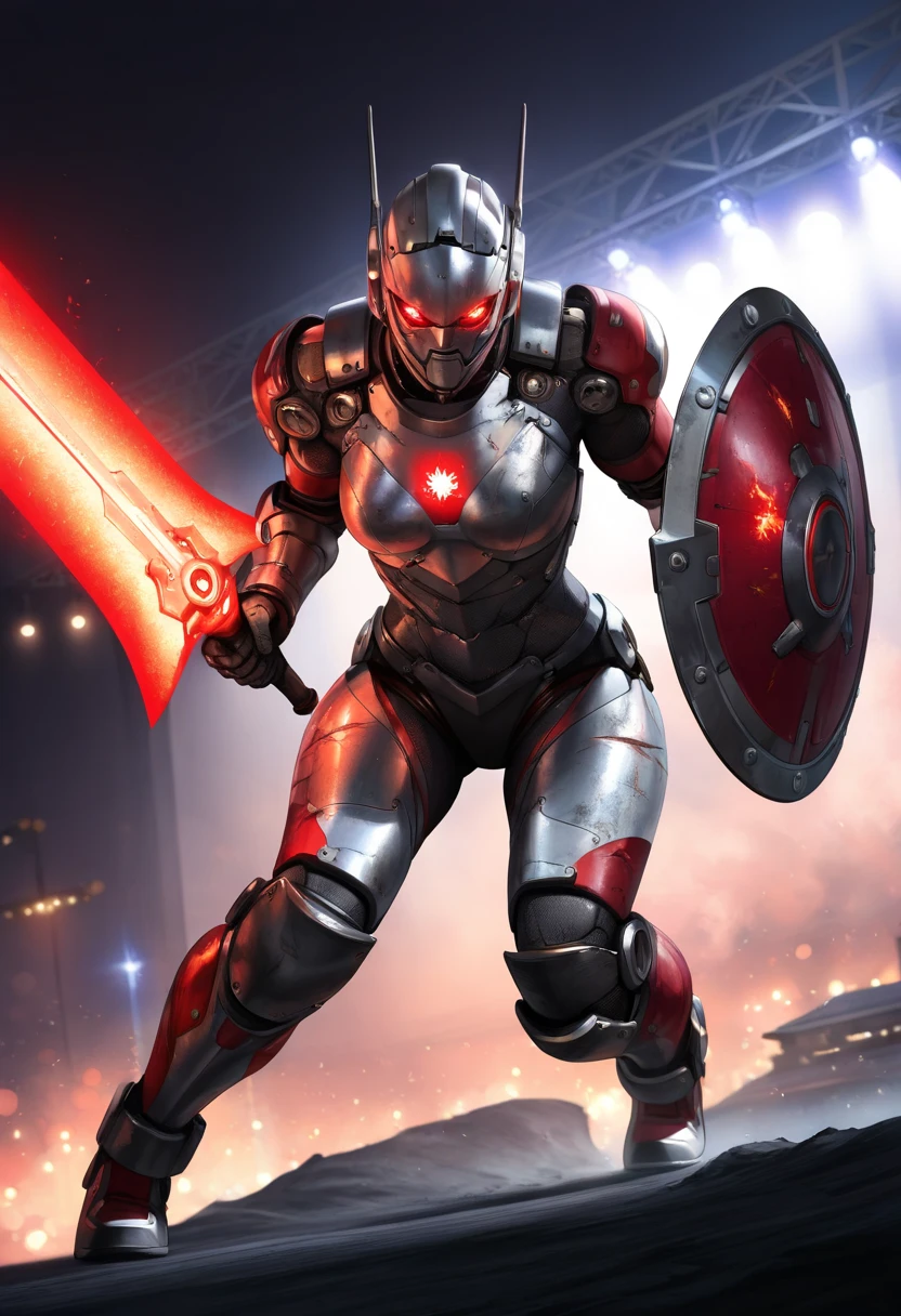 (best quality,4k,8k,highres,masterpiece:1.2),ultra-detailed,(realistic,photorealistic,photo-realistic:1.37),robot gladiator,futuristic arena,mechanical body,metallic armor,red glowing eyes,strong and muscular,holding a plasma sword,defensive shield,electronic circuits,scars and battle damage,action pose,ready for combat,sci-fi,neon lights,blue and red tones,sharp focus,physically-based rendering,extreme detail description,professional,vivid colors,bokeh