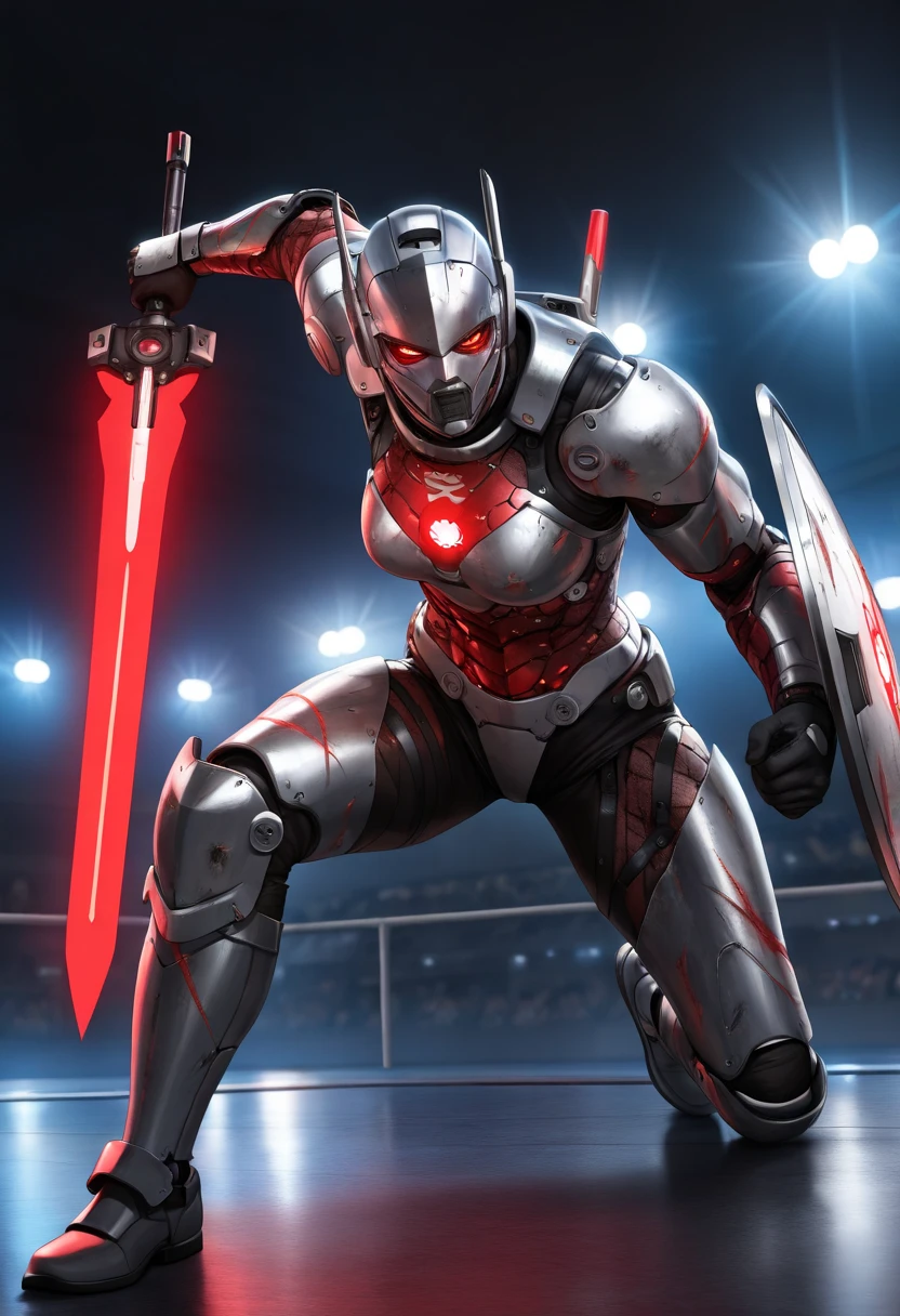 (best quality,4k,8k,highres,masterpiece:1.2),ultra-detailed,(realistic,photorealistic,photo-realistic:1.37),robot gladiator,futuristic arena,mechanical body,metallic armor,red glowing eyes,strong and muscular,holding a plasma sword,defensive shield,electronic circuits,scars and battle damage,action pose,ready for combat,sci-fi,neon lights,blue and red tones,sharp focus,physically-based rendering,extreme detail description,professional,vivid colors,bokeh