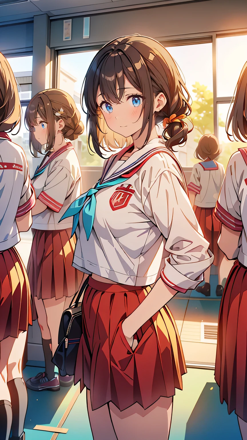 “In a quiet school hallway after club activities, four girls lean against their lockers, still in their uniforms. One girl wipes sweat from her brow while another checks her phone for ramen shop recommendations. The group chats animatedly about their favorite toppings, their voices echoing softly in the empty corridor. The golden light of the setting sun filters through the windows, giving the scene a nostalgic glow.”