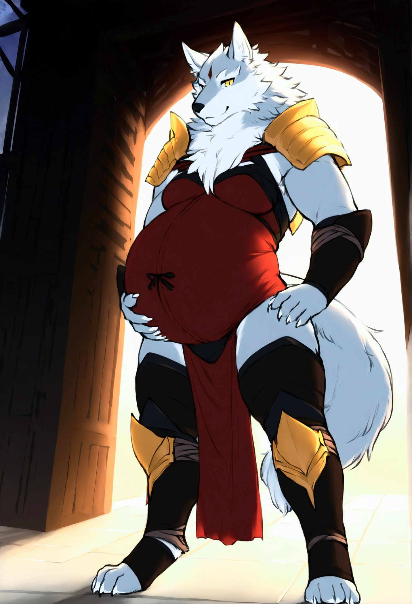 (top quality, best quality, Iriedono, High-quality illustrations, masterpiece, perfect artwork, cinematic light and shading, 16k, 1080p, uploaded on e621)(kemono, furry, anthro, alone), 1 larger male, (very detailed body, face, tail, arms, hands, legs, head and eyes), wolf, Law, (Sdorica), big breasts, fur, fluffy, wolf ears, wolf fluffy tail, perfect eyes, yellow eyes, black pupils, beautiful fighter master one-piece bodysuit, beautiful master fighter armor, beautiful temple, body movement, body twitching, jiggle physics, beautiful pregnant