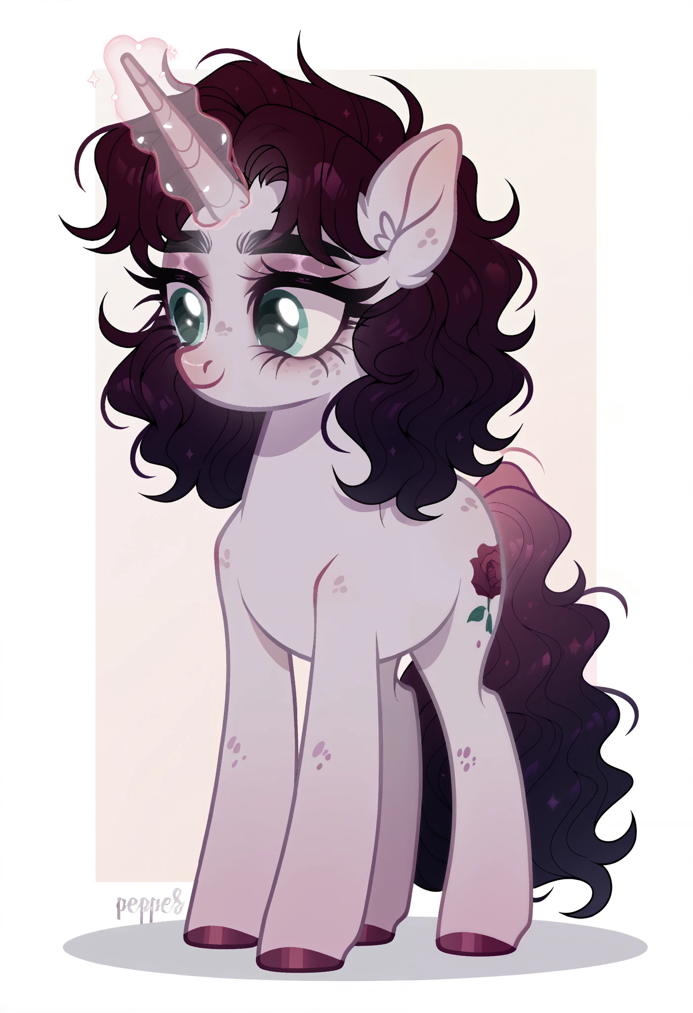 score_9, score_8_up, score_7_up, score_6_up, score_5_up, score_4_up, show accurate, full body, simple background, feral pony, female pony, adorable appearance, original character, unicorn with a soft glowing horn, Light lavender body (#D7BAE8), soft lavender belly (#F0E6FA), glowing pink freckles (#FEE8E6) on cheeks and snout, deep emerald eyes (#32A852), dark violet mane (#6A0DAD) with rose-gold gradient strands (#F6E6C3 → #FF7396), Wavy hair with light curls at the ends, elegant side part hairstyle, medium-length tail matching the mane’s wave and gradient, matte rose-pink hooves (#E39AAF), competitive and charming, magical sparkles around character, subtle detailed shading, adorable and captivating appearance.