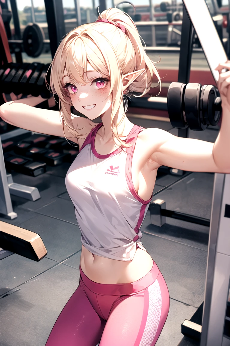 (masterpiece:1.3, top-quality, ultra high res, ultra detailed), (realistic, photorealistic:1.4), beautiful illustration, perfect lighting, natural lighting, colorful, depth of fields, surrealism,
beautiful detailed hair, beautiful detailed face, beautiful detailed eyes, beautiful clavicle, beautiful body, beautiful chest, beautiful thigh, beautiful legs, beautiful fingers, shiny skin,
looking at viewer, 1 girl, japanese, gravure model, 21 years old, (perfect anatomy, anatomically correct, super detailed skin), cute and symmetrical face, babyface, perfect face, perfect eyes,
(very long hair:1.8, ponytail, ash blonde hair), swept bangs, maroon eyes, slant eyes, long eye lasher, (medium breasts, seductive thighs), slender, bare arms,
((detailed cloth texture, shocking pink sports bra, black leggings, grey athletic shoes)),
(beautiful scenery), evening, (gymnasium, training machines), sitting floor, (lovely smile, sweaty),
