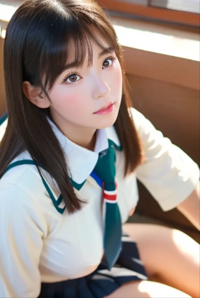 (High quality, photorealistic, face to foot view, low angle) Childish face. Cute middle school girl with beautifully detailed eyes and lips, long eyelashes, Asian look. Childish face. She has a childish face and ?????????????. She is sitting in a school classroom, looking at us with her eyes looking upwards. Sunlight gently shines on her face, casting warm shadows. She wears a crisp white blouse, pleated skirt and knee-high socks.