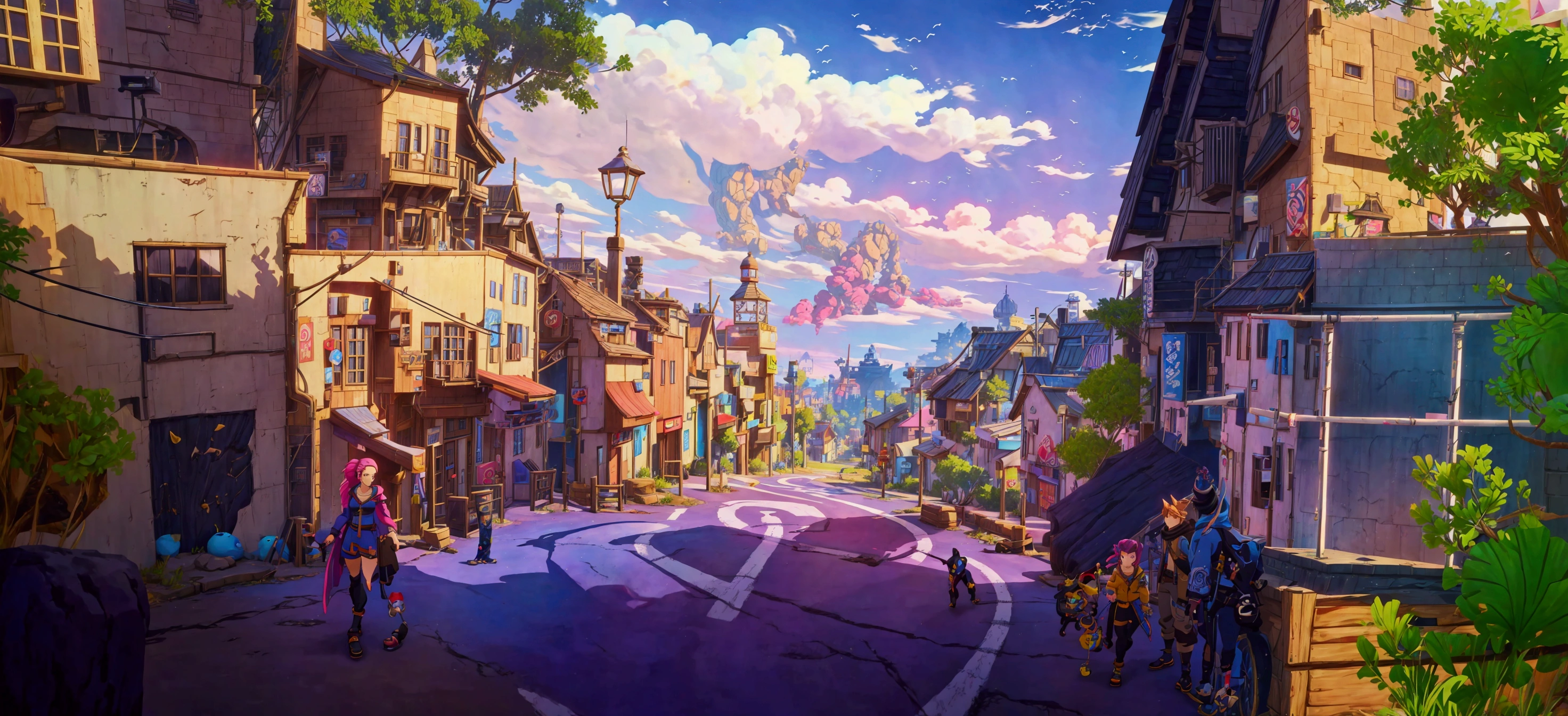 An anime scene of a street，There is a road in the middle,  Stylized Conceptual Art , anime Background Art,  2020 video game screenshot , Background Art,  Pixar movie setting,  Town Background  ,  style is similar to the realistic style of Fortnite games ,   anime landscape concept art , Relaxation concept map , colorful Anime movie background, unreal engine ;  Romantic Theme ,  Animal City conceptual art 