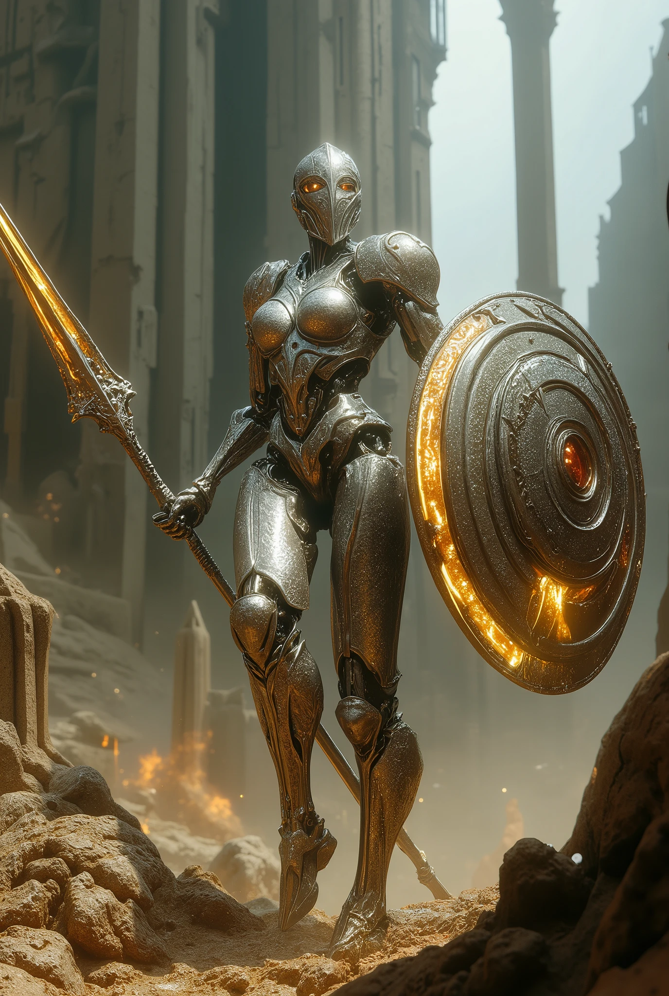 ((((masterpiece, Best Quality, High resolution)))), extremely detailed 8K, , (Ultra HD, Ultra-detailed, Highly detailed, Highly realistic, Ultra-realistic, photos realistic),{ deep depth of field, (god ray:1.2), (bounced front lighting:1.1), (soft diffused lighting:1.6) }, female (robot:1.5) life form,{(Robot Gladiator:1.5), (mechanical body:1.7), holding huge sword and shield in hands:1.4}, battle field