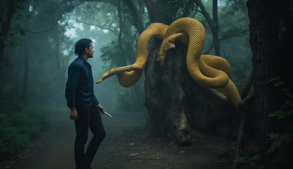 A dramatic 4K cinematic shot of a massive golden-scaled snake emerging from the shadows of a dense forest, its glowing yellow eyes fixed on a terrified man. The snake's body coils menacingly, ready to strike, while the man stands frozen, clutching a dagger. The moonlight filters through the trees, creating sharp contrasts and highlighting the intricate details of the snake's scales and the man's fear-stricken face. The atmosphere is intense and terrifying."
