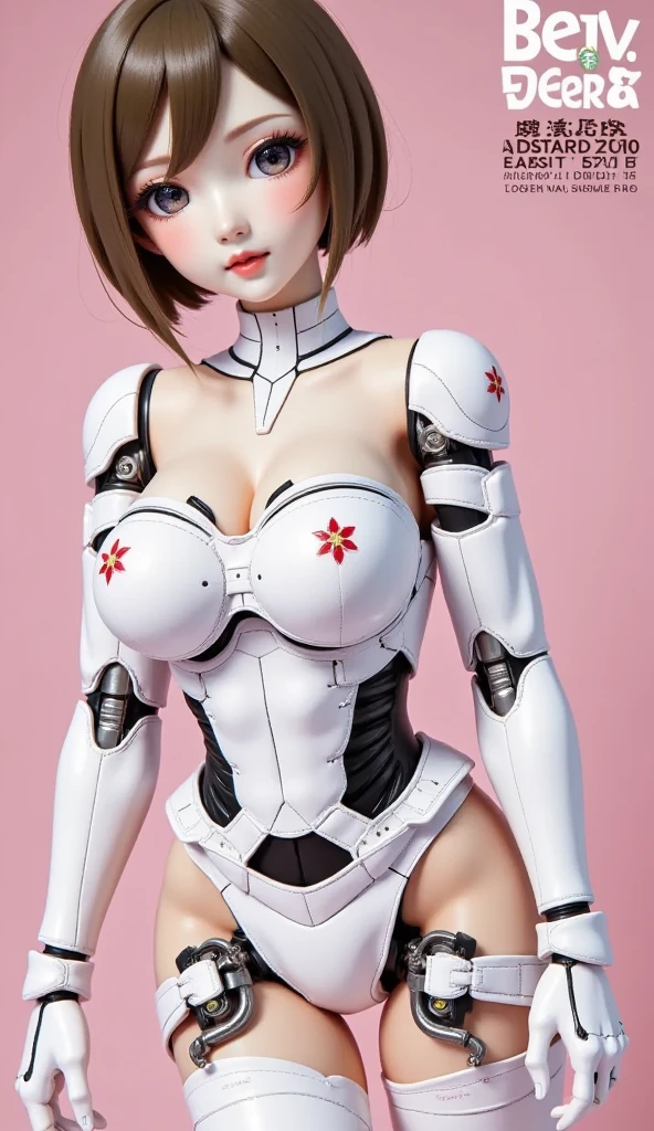 1girl, solo, breasts, looking at viewer, short hair, large breasts, brown hair, brown eyes, lips, pink background, science fiction, joints, robot joints, magazine cover