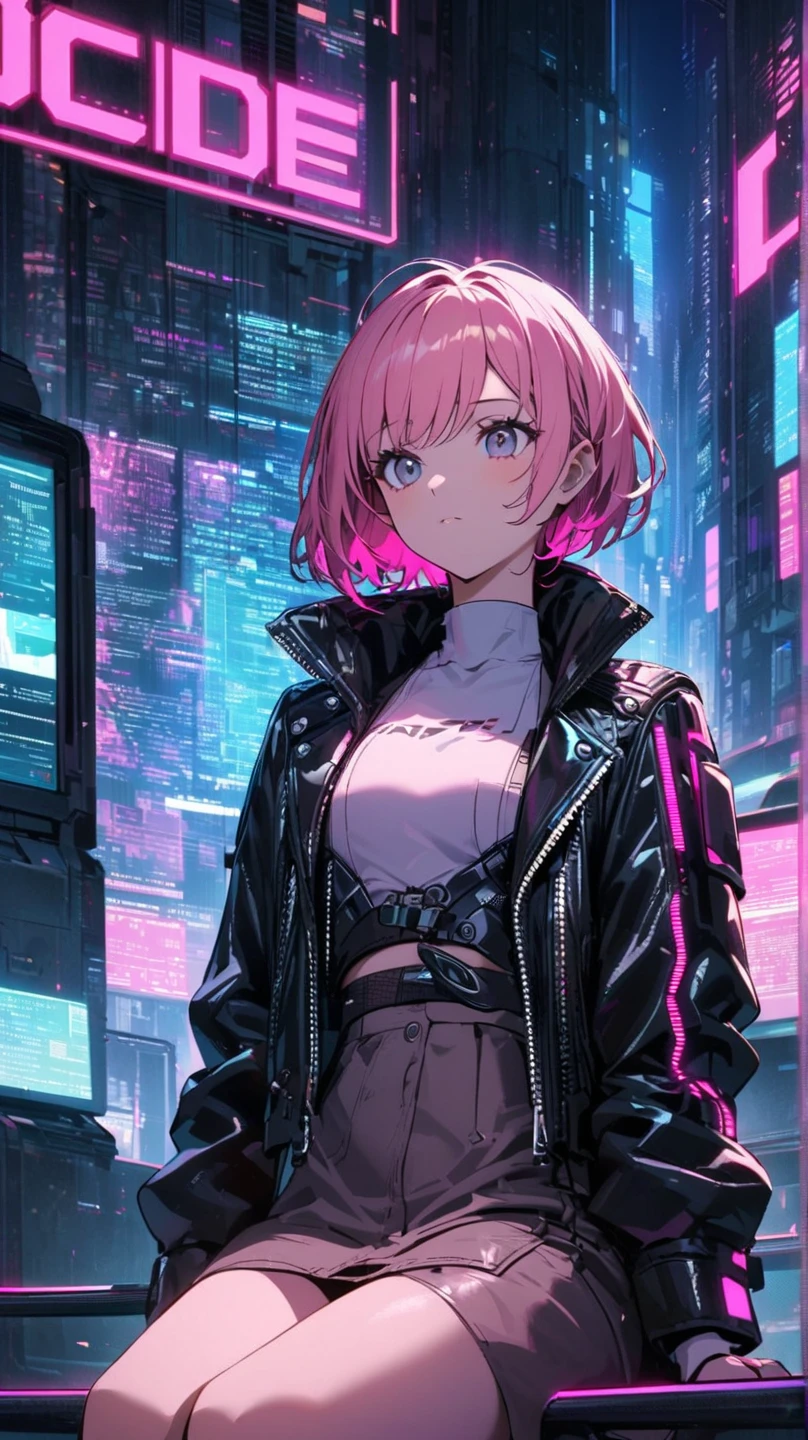 (masterpiece, best quality:1.4), 8k, White Short Hair, Young adult, anime girl, Annoyed, Glaring, mad, light Pink Eye and One blue Eye, Different Colour Eyes, Big chest, Black Sweater, Futuristic, Cyberpunk, (detailed eyes and face, sharp pupils, realistic pupils:0.6)