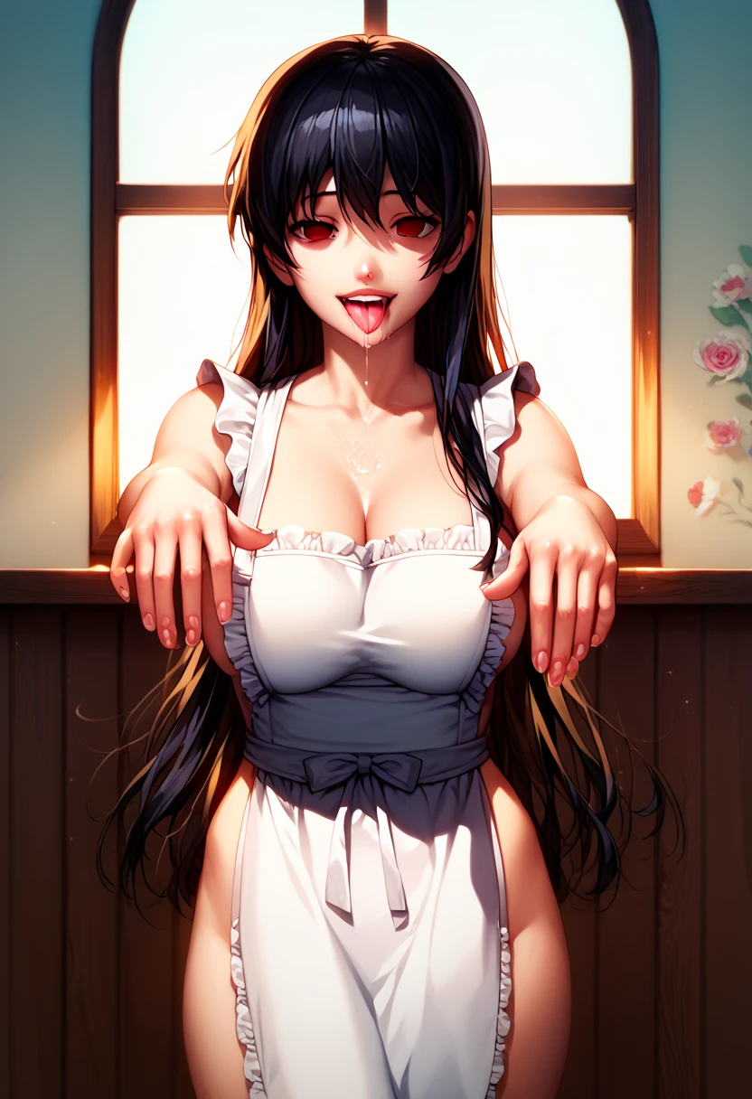 Score_9,Score_8_up,Score_7_up,Score_6_up,Score_5_up,Source_anime,BREAK,detailed CG illustration,high res,Solo matured female,looking at viewer,walking to viewer,large breast,red eyes,empty eyes,laugh,tongue out,saliva,drooling,(zombi3_wa1k),(black long hair),dazed,Break,wearling apron, white lingerie,kitchine,window,(detailed background),cowboy shot,from back
