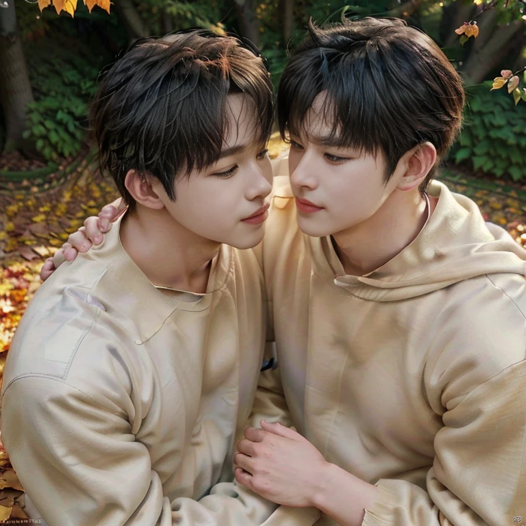 Two men are embracing each other on an autumn path surrounded by colorful leaves. They smile at each other warmly, happy to be reunited. The scene is peaceful and filled with the golden color of the fallen leaves. The sunlight filtering through the trees casts a soft light on the two men standing close together. (Kissing scene). The image quality is excellent, very detailed and realistic, with natural soft lighting. (Large Bulge Details), (Very Large Bulge: 1.6), Ultra High Resolution, Best Quality, SLR Camera, (Live Action Movie Scene), Very Fine Details, Realistic Lighting, Smooth, Fujifilm XT3,