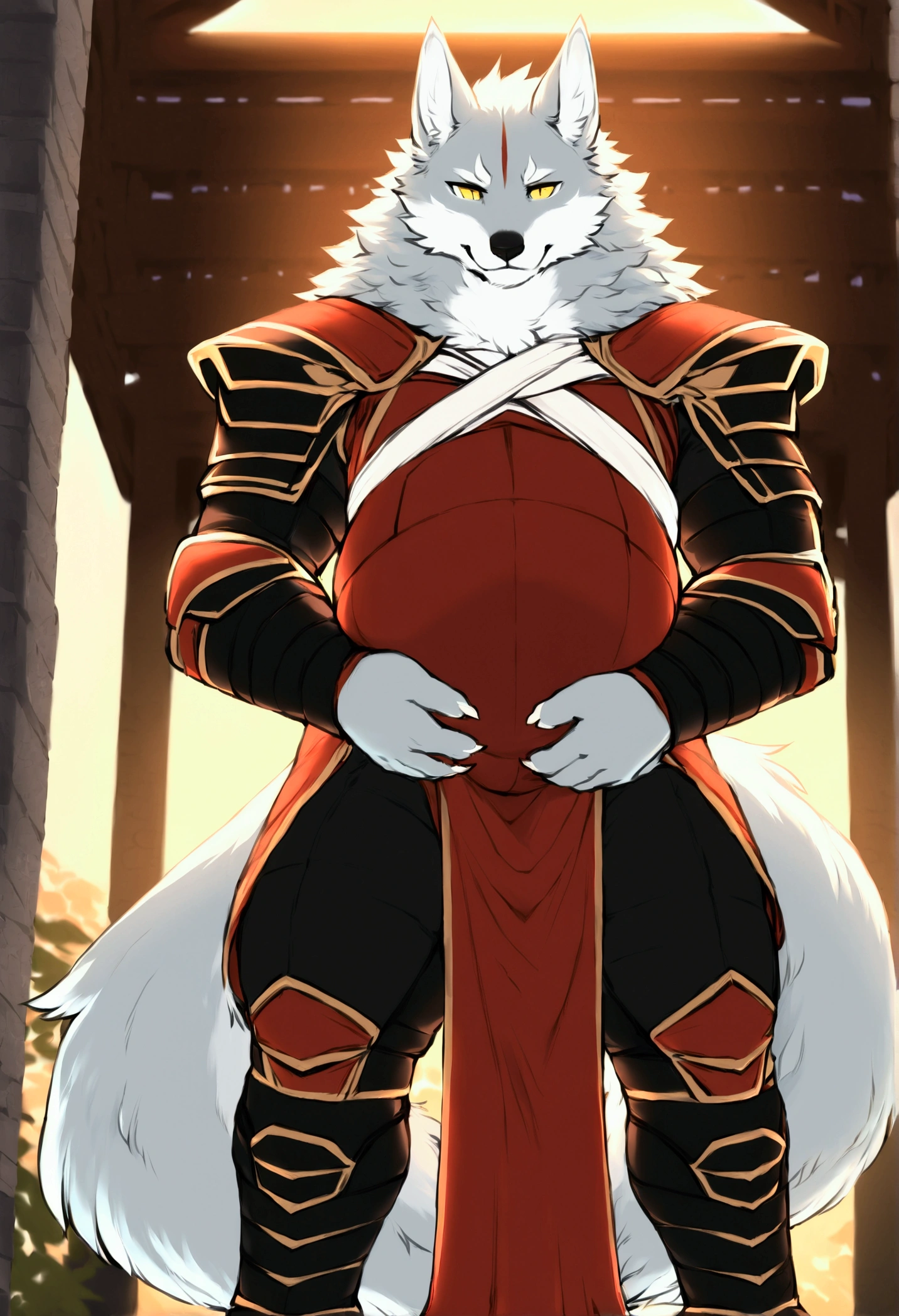 (top quality, best quality, Iriedono, High-quality illustrations, masterpiece, perfect artwork, cinematic light and shading, 16k, 1080p, uploaded on e621)(kemono, furry, anthro, alone), 1 larger male, (very detailed body, face, tail, arms, hands, legs, head and eyes), wolf, Law, (Sdoricfur, fluffy, wolf ears, wolf fluffy tail, perfect eyes, yellow eyes, black pupils, beautiful fighter master one-piece bodysuit, beautiful master fighter armor, beautiful temple, body movement, body twitching, jiggle physics, beautiful pregnant