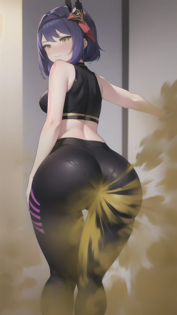 a woman in black transparent yoga pants and a black top with (dark purple hair), thick, beautiful anime girl, bending over, lit from behind, hand on hips, thick thighs, ilya kuvshinov. 4 k, thick outline, insanely inflated hips, big booty, thicc build, casual pose, (nsfw), looking from behind