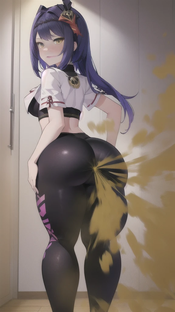 Raiden Shogun from Genshin Impact, (((solo))),(((modern clothes, short shirt, tight bikini bottom, camel toe pussy, choker, ecchi, booty))), ((shy smile)), dynamic angle, from down bellow, from behind