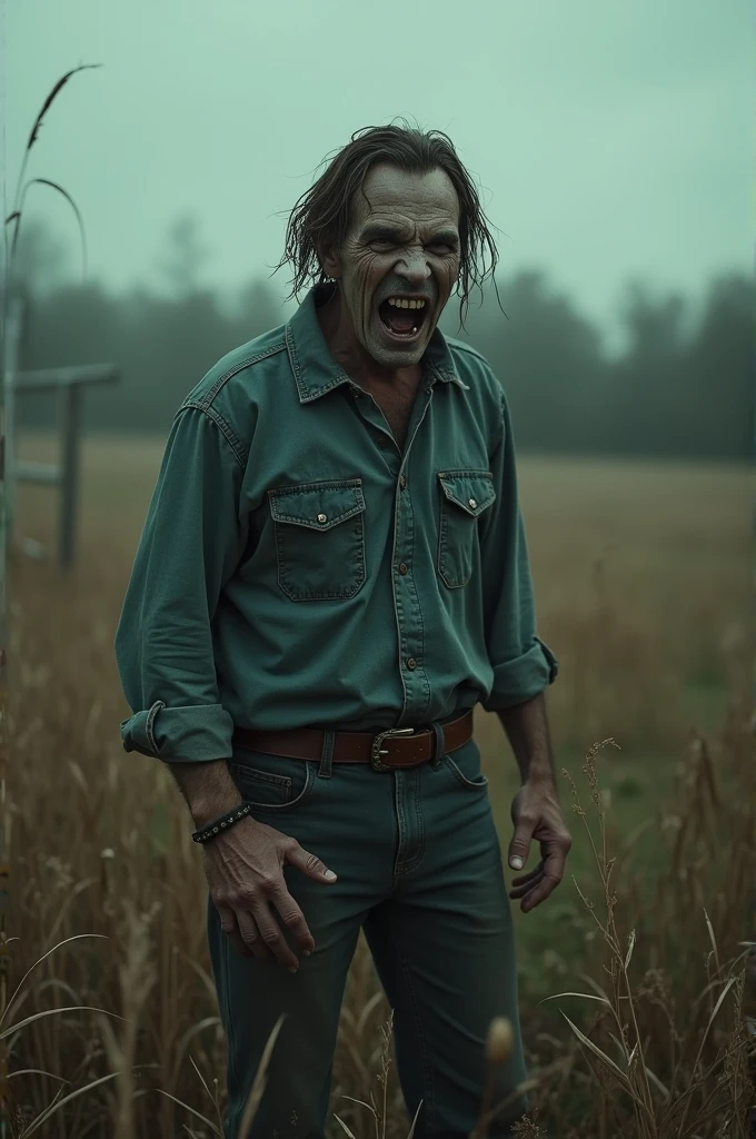 masterpiece, best quality:1.2), ((RAW photo, Best quality)), (Realistic, photo-realistic:1.2) a evil zombie, blood, hottinig, ((horror, creepy)) , night, ((White eyes)). angry. ((( Exposed brain))), ((Pale or Grey skin)), wounds, empty eyes, torn clothes, slow movements, guttural noises, aggressive and cannibalistic behavior. Cinematic lighting.