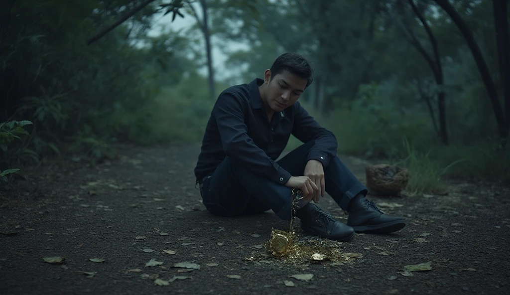 A haunting 4K cinematic scene of a man sitting on the ground in a dark, misty forest, his face pale and filled with sorrow. Around him, the remnants of a shattered golden jar and the faint ashes of a snake dissipate into the air. The man’s surroundings are bleak, with no signs of wealth or prosperity, only the eerie silence of the forest. Moonlight filters through the trees, creating a somber and reflective atmosphere with intricate details in the man’s expression and the forest setting."