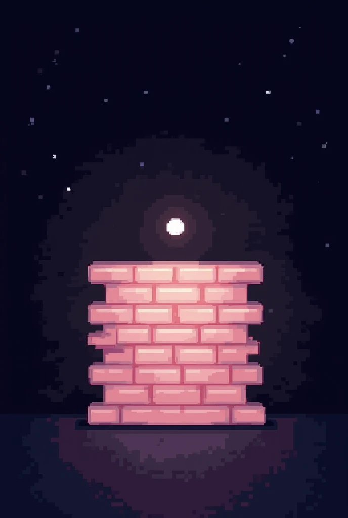 pixelart,  A light pink brick wall in the dark with a center, illuminated by a small round light 