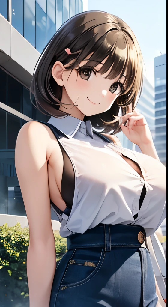  young woman、smile、 cool hairstyle、 blancing、masterpiece、 high res、16k、 fresh colored spring clothes depicting the upper body、(Very close:1.5)、Explore the city、( Her costume is dirty :1.5)、 huge breasts:1.5、 sleeveless、Unbuttoned 、Thin fabric