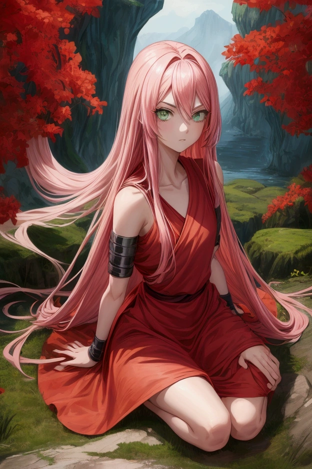  masterpiece, anime style, 1 girl,  long pink hair ,beautiful hair, pelo detallado, light skin,  green eyes,  detailed eyes ,  beautiful eyes , slim,  flat chest ,  Naruto style ninja clothing color red, red clothes,  arms crossed, On top of a rock in a meadow , confident