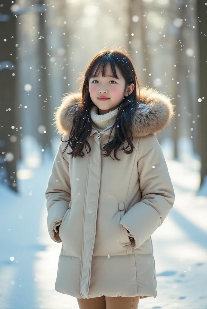 ((8k)),((Japanese)),((10 years old)),((innocent face)),teenage girl,cute,Winter clothes,everyday wear,snow,舞い落ちるsnow,頭の上にsnow,sitting,black hair,flower garden,snowだるま,Decolletage