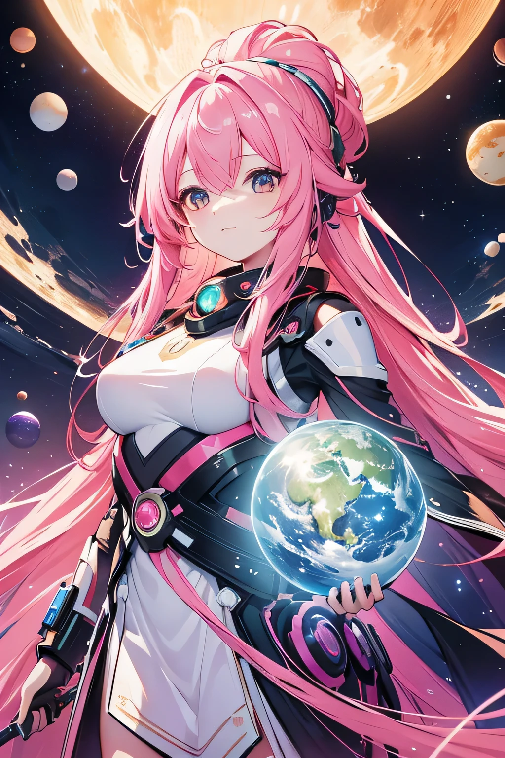 Wearing a mecha costume,Long hair beauty,Looking at the Earth in my hand,The background is in the starry sky