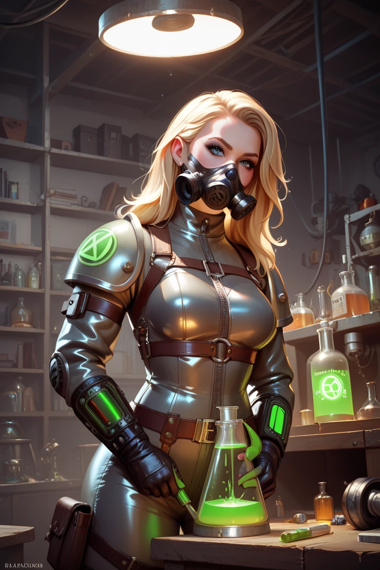 gorgeous woman, bio corset, ((biopunk)), long flaxen hair, leather pants, belts and straps, pouches and vials, chains, standing in an biotic workshop, green bubbling liquids and slime