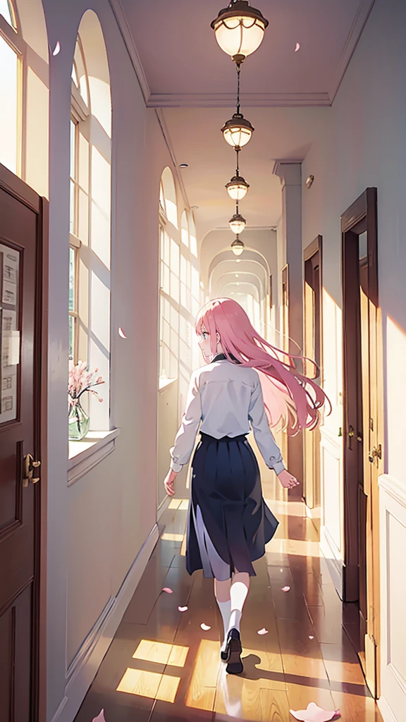 “Inside the high school during spring, cherry blossom petals drift in through open windows, scattering across the polished hallway floor. The main character walks down the hall with a stack of music sheets in her hands, her eyes focused ahead. The sunlight streaming through the windows casts soft pink hues across the walls, creating a serene and poetic atmosphere. In the distance, the faint sound of a piano playing can be heard.”