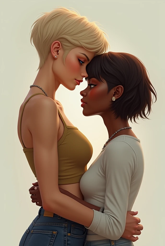 three women sitting kissing each other, realistic artstyle, the Black skinned women knowingly look at each about the sexual adventure they will take their white skinned friend, there are two sets of legs per girl, the white skinned girl with blond and in the center - she is nude and aroused, the girls off center are big boned black skinned African women with short finger wave hairstyle., they are holding her leg or arm, casual pose, the flanking girls want to kiss the white skinned girl in the center, realistic style, official fanart, realism artstyle, hyperrealistic teen, high quality fanart, background artwork, calmly conversing 8k, realistic art style, relaxed poses, 3 young and beautiful women, detailed realistic expressions, realistic picture a black skinned girl is kissing white skinned girl's neck, wet and parted lips, align torso with the legs,