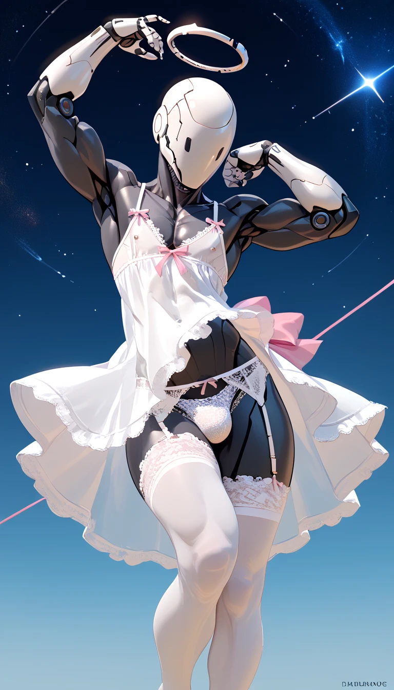 score_9, score_8_up, score_7_up, (space base background), ((cyborg:1.2), anthro, male, muscle, pale, (((noface))), white lace nightgown, white lace knee-high stockings, ((white lace panties)), beautiful), 1 person, white lace garter belt, light pink ribbon, black body, robot helmet head, spot light, muscle male ballerina, mechanic halo, marilyn monroe pose