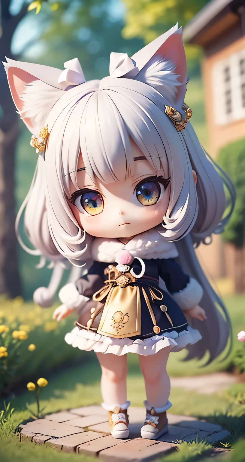 (best image quality)、(super detailed)、(facing the front)、highest quality、masterpiece、(((1 girl)))、、with a girl、silver hair、gray hair、((long hair))、Braid、gray eyes、(White and black cheongsam)、((chinese clothing aid clothing、frill hair ornament、lots of frills、lots of ribbons、white ribbon、she has a cute expressive face、Fluffy and spreading hair