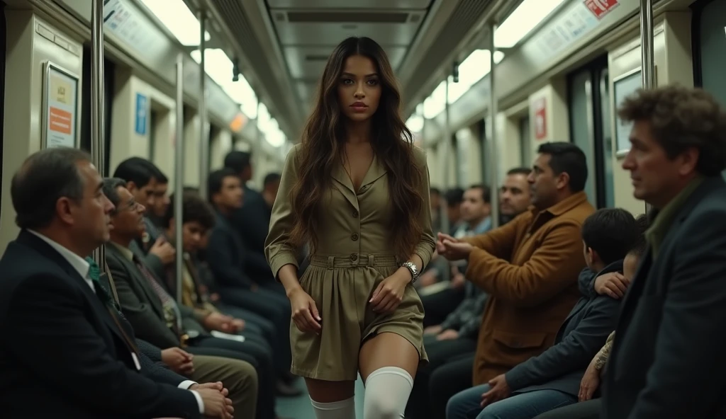 Indian girl, Bollywood, highres, masterpiece, perfect ligthing, bloom, night, cinematic lighting, adult, perfect skin, female, (looking at camera:1.4), realistic skin, eyeliner, realistic, (photorealistic), supermodel, oversized hoodie, large ass, long hair, shoes, white panties, ((crowded subway)), sitting, open legs, spread legs. HDR, masterpiece, top-quality, Photorealistic, A hyper-realistic