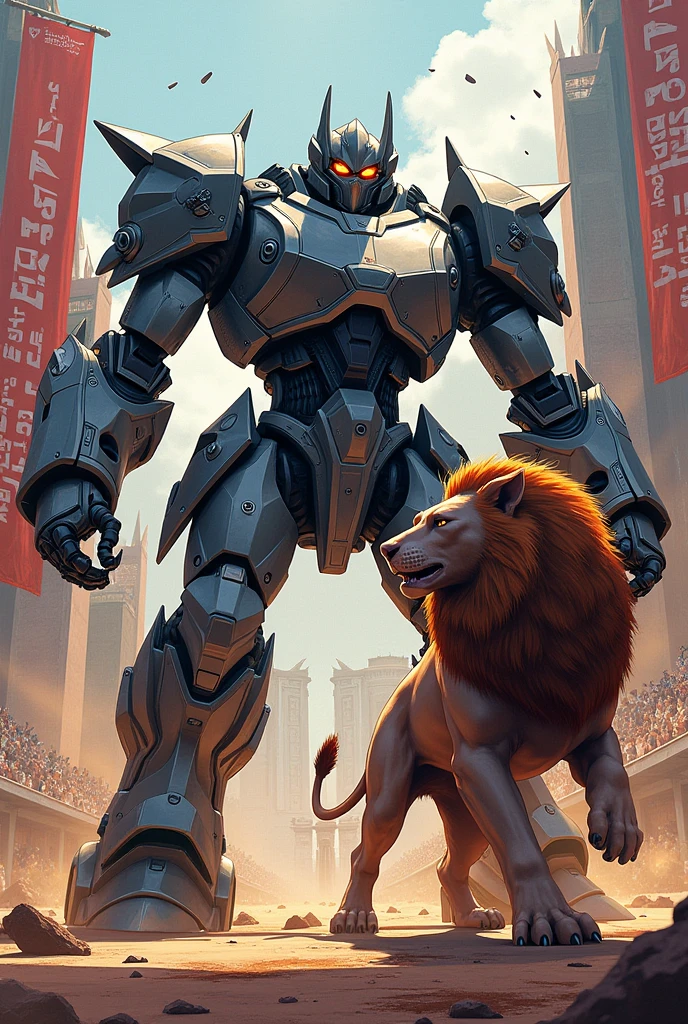  manga digital art, robot gladiator , with robot lion's in gladiators arena, colorful intricate background 