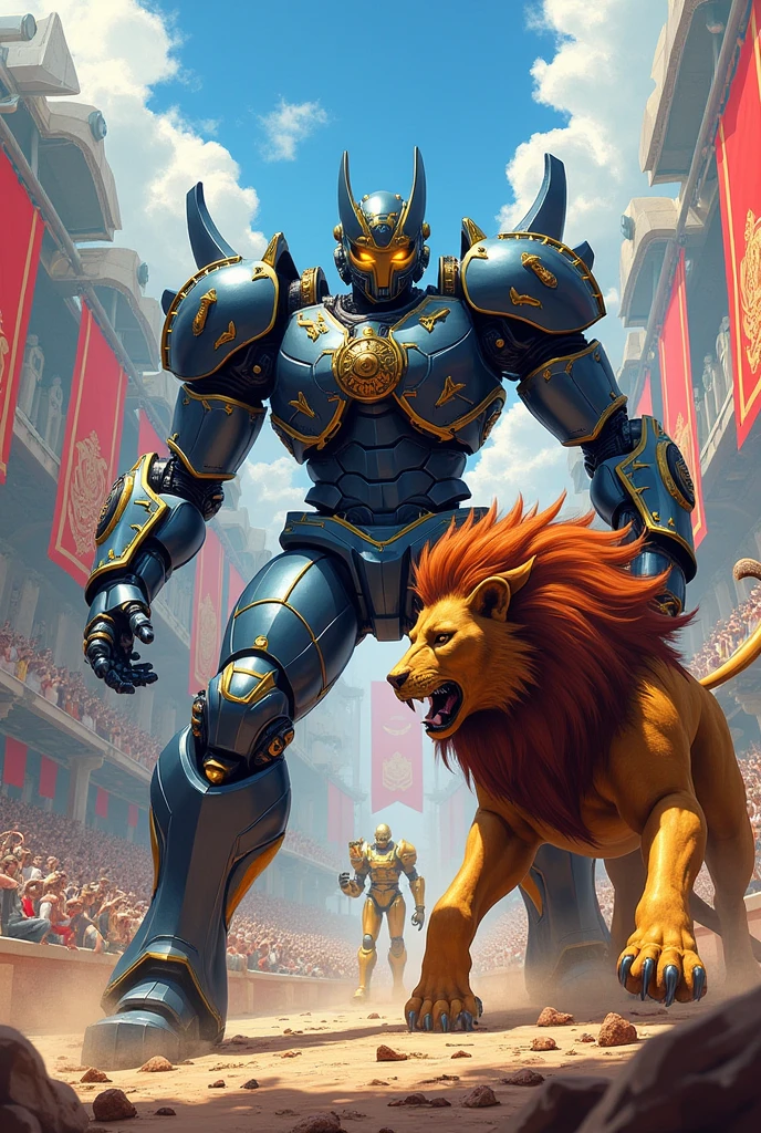  manga digital art, robot gladiator , with robot lion's in gladiators arena, colorful intricate background 