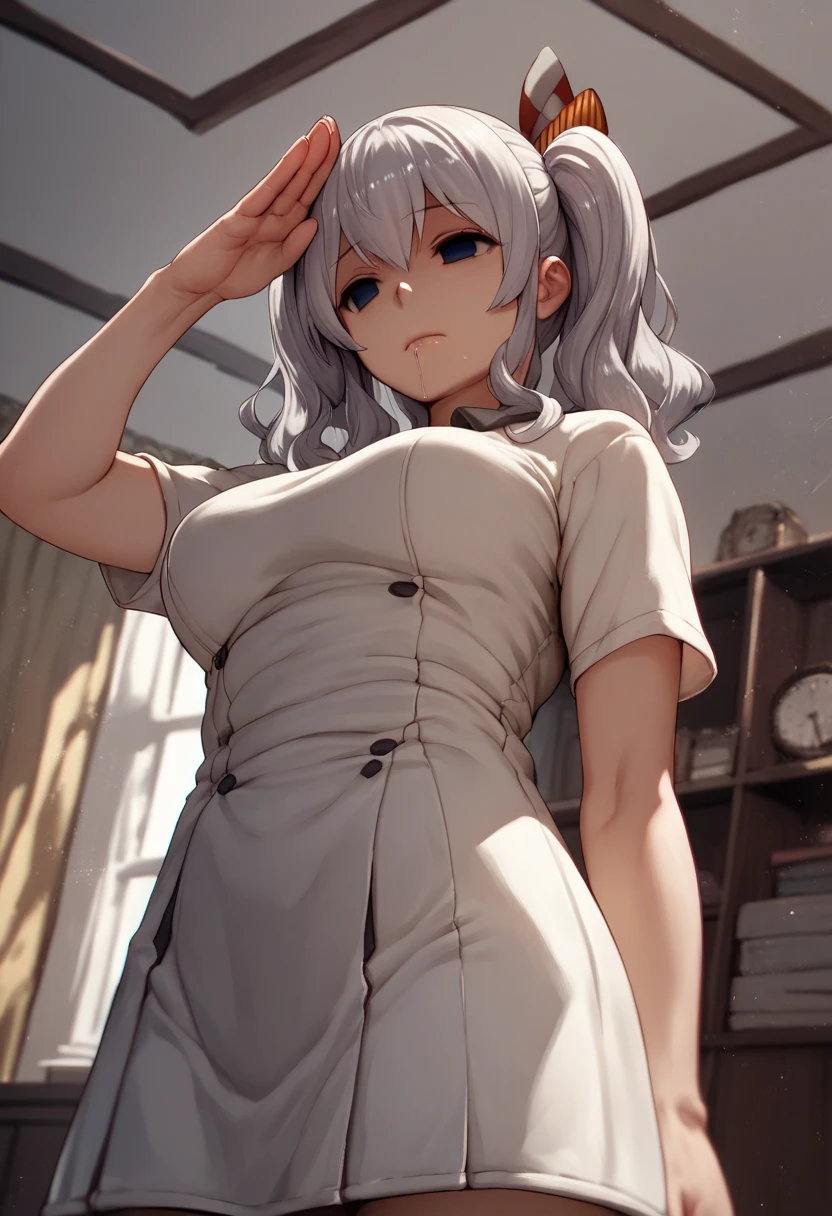 Score_9,Score_8_up,Score_7_up,Score_6_up,Score_5_up,Source_anime,BREAK,high res,Solo female,Kashima_(Kancolle),salute,large breast,blue eyes,empty eyes,expression less,stand up,closed mouth,saliva,drooling,(empty eyes),dazed,Break,living room,(detailed background),cowboy shot,from below,perfect lighting