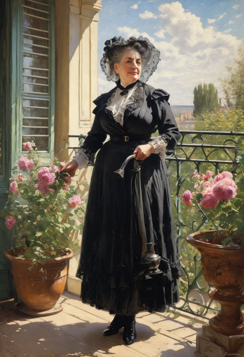 Full body shot of a 66 years old, fully figured, plump,voluptuous buxom busty mature victorian widow standing at her veranda and watering the flowers, by Jean Béraud, inspired by Jean Béraud, inspired by Édouard Detaille, edouard leon cortes, inspired by Ivan Kramskoi, inspired by Jean-Louis-Ernest Meissonier, by Édouard Detaille, inspired by Paul Émile Chabas