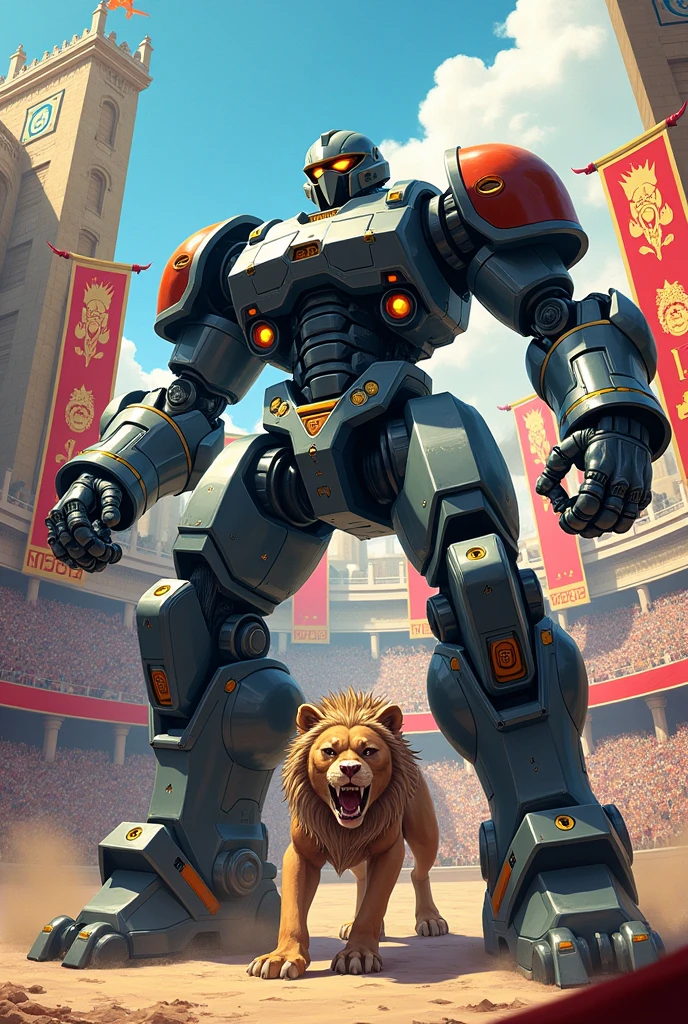  manga digital art, robot gladiator , with robot lion's in gladiators arena, colorful intricate background 