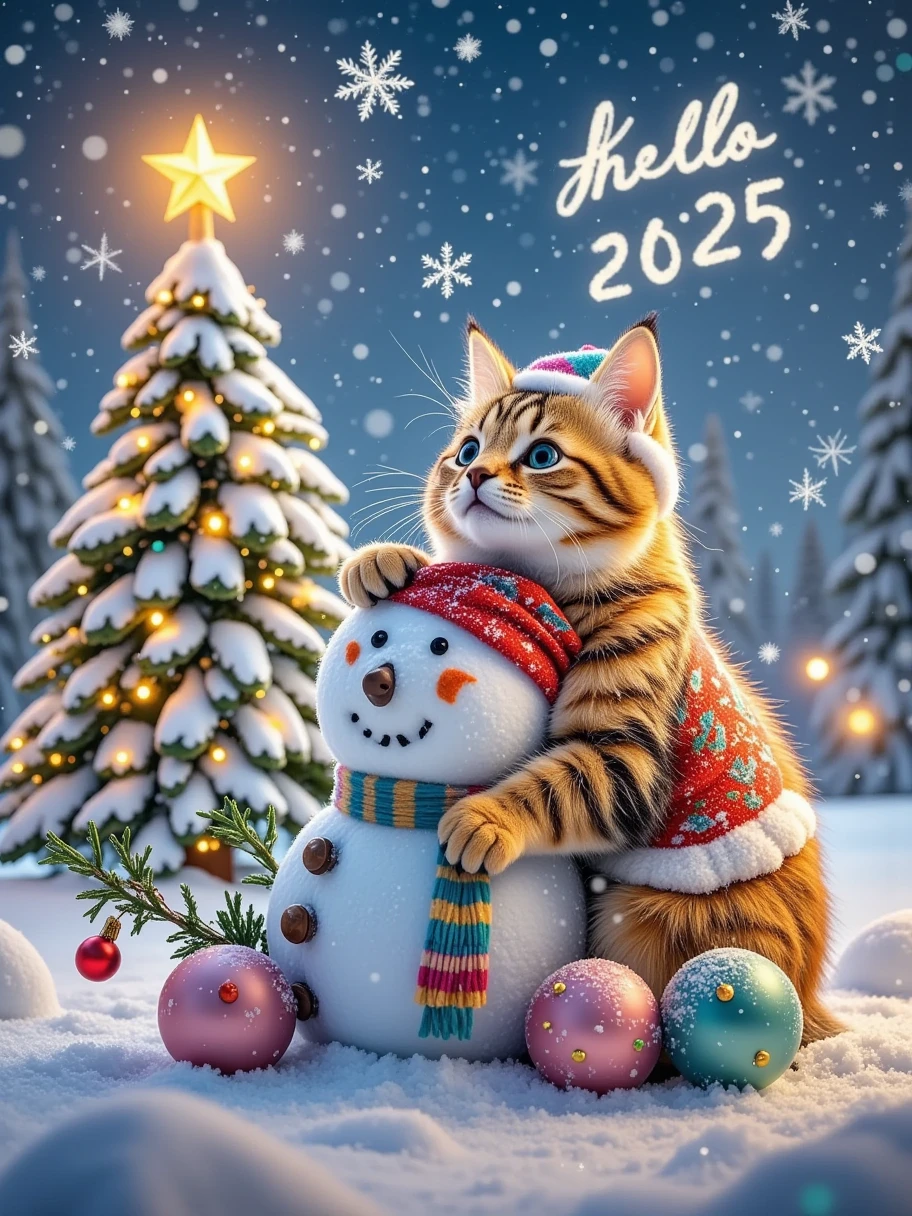 Sunny day,daytime,hello from a distance Kitty is sitting in the snow leaning against a Christmas tree,with 2025 written on the nearby snow,minimalist background,dream core,overexposure,strong contrast,80s photo texture,old-fashioned,film,dark night,night,sense of story,art sense,film photography,glitch texture,retro filters,night,overexposure,ancient times,70s photography,Retro old photos,flash shooting,flash effects,overexposure,overexposure,flash overexposure,minimalism,high saturation retro color,gray tone,gentle,dark part brightening,DazeCore,psychedelic,diffuse gradient,layering,noise Photography,surrealist aesthetics,ethereal,Polaroid,film,dreamlike,flying thoughts,