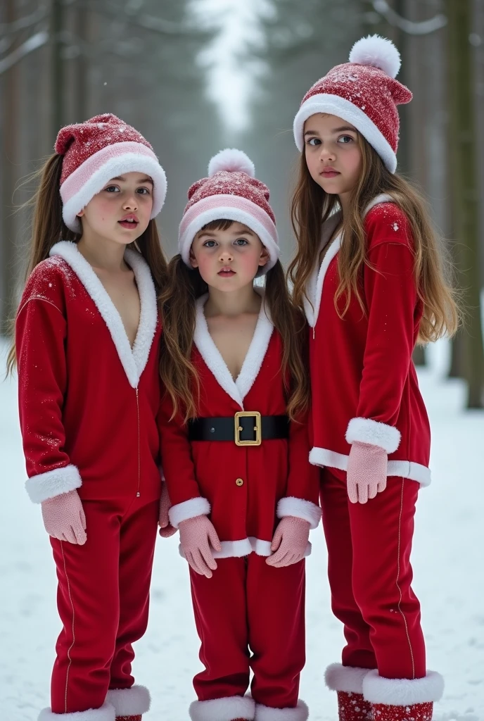 real photograph, 3 reallt young looking incredibly busty Slovak ********* girls with cute innocent frightened faces, skinny bodies, and large heavy plump breasts, posing in a snowy forest, cute santa loungewear with deep cleavage, snow boots , santa beanie, pouty expressions, light brunettes, very long hair in slick ponytails, pouting, High Resolution, Looking at viewer, Open Mouth, Accurate, Masterpiece, High Resolution, Accurate, Anatomically Correct, Award Winning, Detail, frackles on face and chest, light smile 