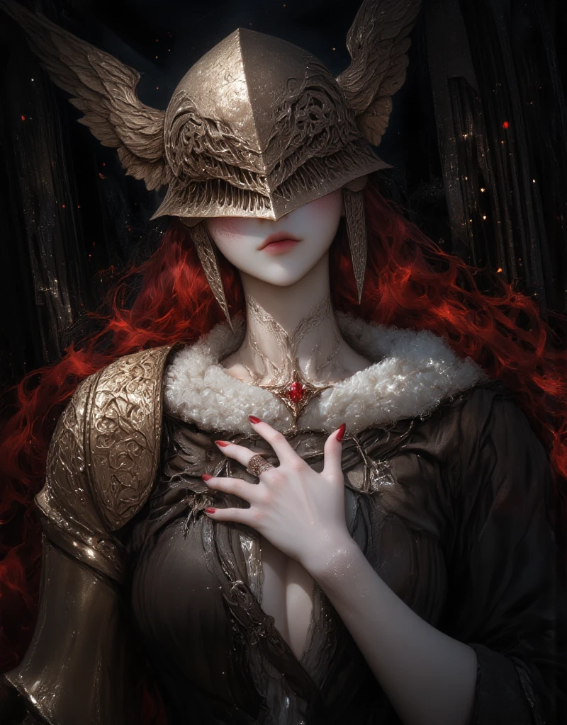 1girl look at me, white style, trump, luxury, exquisite digital illustration, dark fantasy, intricate art work, elden, ring, MaleniaNorm, covered eyes, scar, IncrsBurntScar,small breasts ,peeking out, dresseing their armor, ((gigantic breasts:2.0)), dark, background black castle, black columns, reddish hair, body putrefaction,
